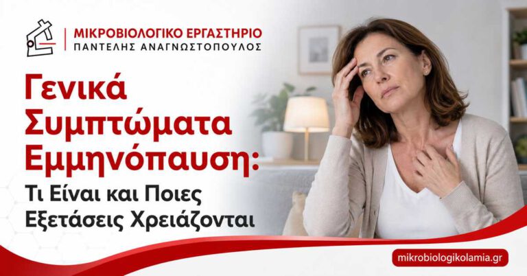 Γενικά συμπτώματα εμμηνόπαυσης: γυναίκα με ενοχλήσεις και τίτλος για το τι είναι και ποιες εξετάσεις χρειάζονται