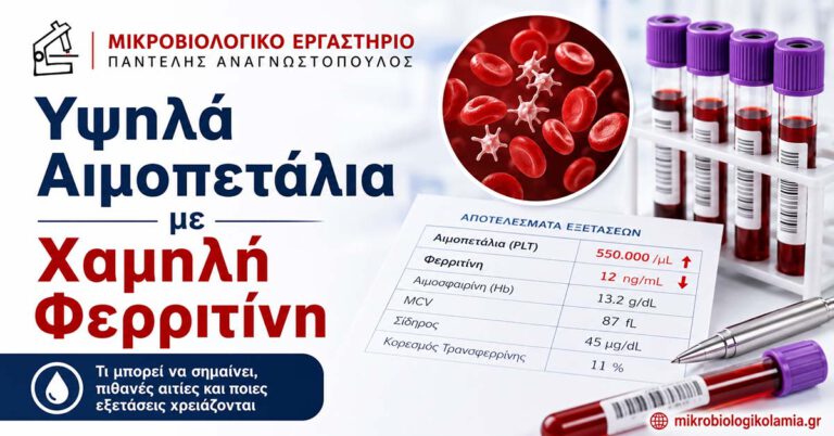 Υψηλά αιμοπετάλια με χαμηλή φερριτίνη, με απεικόνιση αιμοπεταλίων, σωληναρίων αίματος, αποτελεσμάτων εξετάσεων και το λογότυπο του Μικροβιολογικού Λαμία