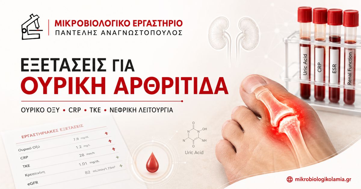 Εξετάσεις για Ουρική Αρθρίτιδα: Ουρικό Οξύ, CRP, ΤΚΕ & Νεφρική Λειτουργία