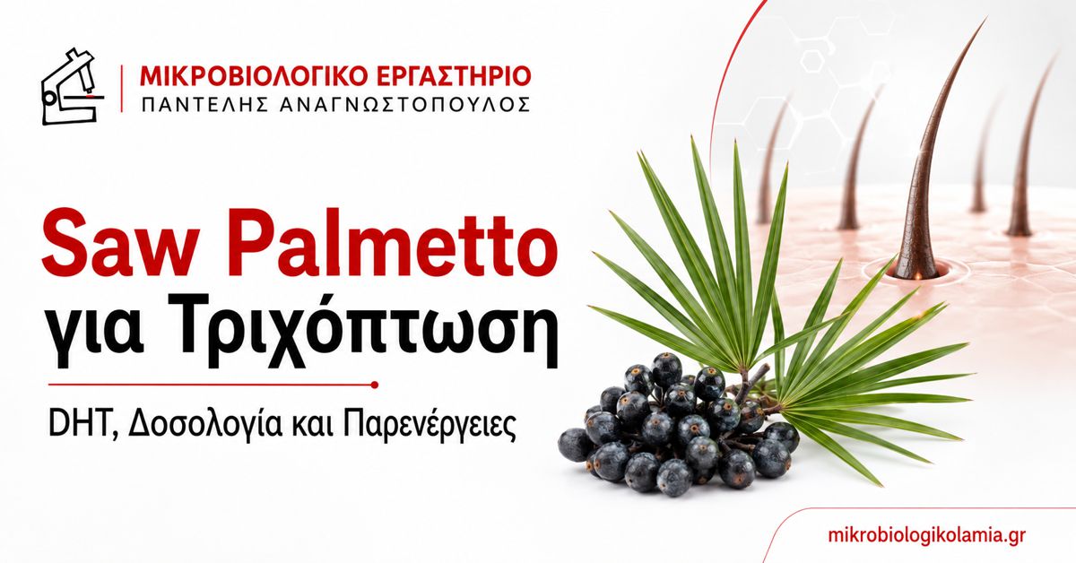 Saw Palmetto για Τριχόπτωση: DHT και Δοσολογία 1 Saw Palmetto για τριχόπτωση με καρπούς Serenoa repens και απεικόνιση τριχοθυλακίων